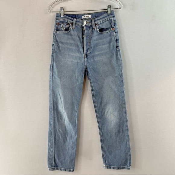 Re/Done Denim - RE/DONE Faded Sky Blue High Rise Cropped Button Fly Jeans with Vintage Look